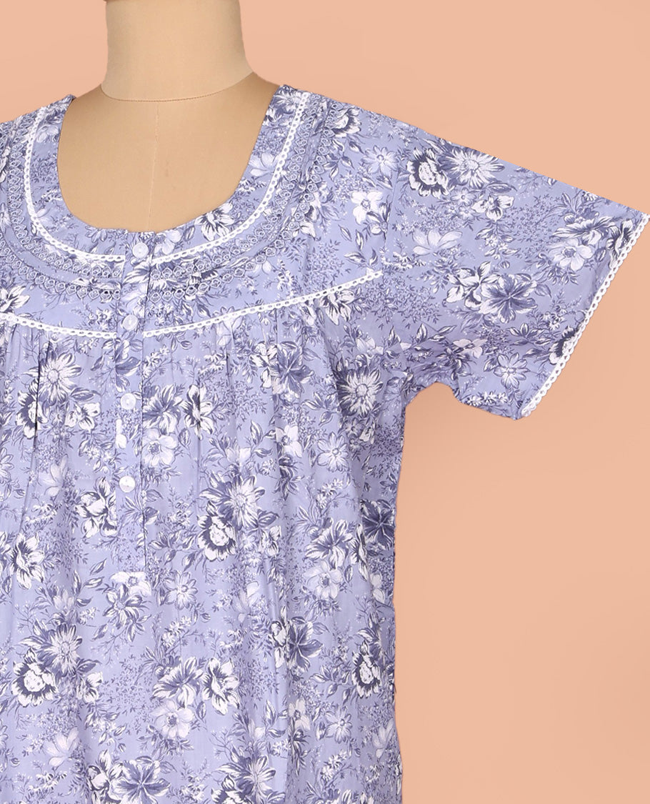 Grey Cotton Nighty Prettified with Floral Print, Featuring Lace Work, Round Front Neck, and Half Sleeves