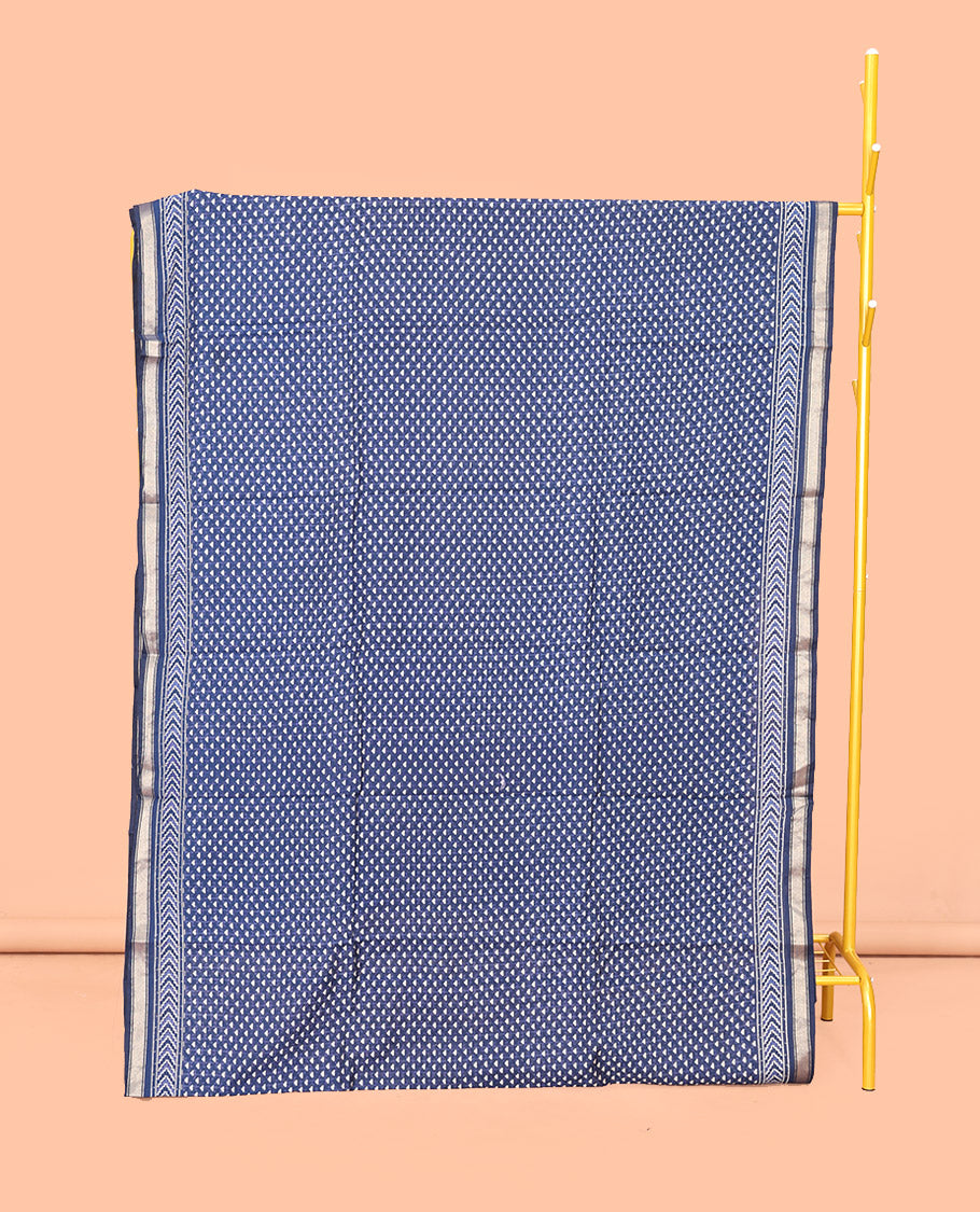 Blue Mul Mul Cotton Saree, Steeped with Triangle Buttas, a Piping Border, Geometric-Printed Pallu, and a Matching Blouse