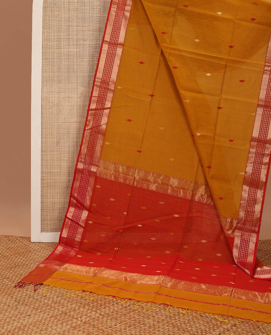 Brown leaf motifs maheshwari cotton saree with contrast zari design border & leaf motifs pallu