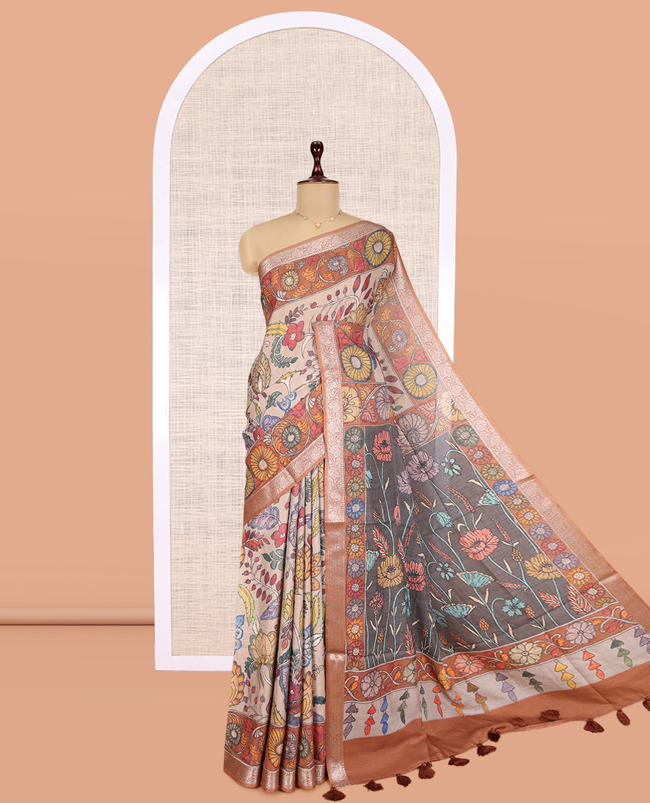 Pale Brown Kalamkari Printed Fancy Tussar Saree