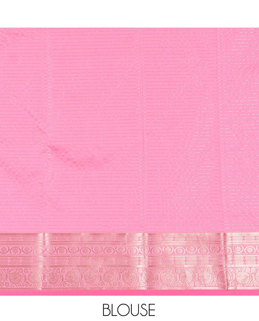 Pink Kanchi Silk Saree, Beautifully Bedecked with Zari Buttas and Zari Checks on Its Body, Highlighted by a Traditional Zari Design Border, Intricately Designed Pallu, and Paired with a Matching Blouse