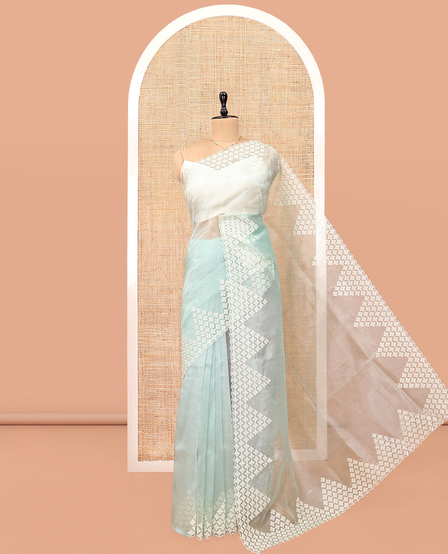 Pale Blue Plain Organza Saree, Highlighted by Scallop Embroidery Border, and Matching Blouse