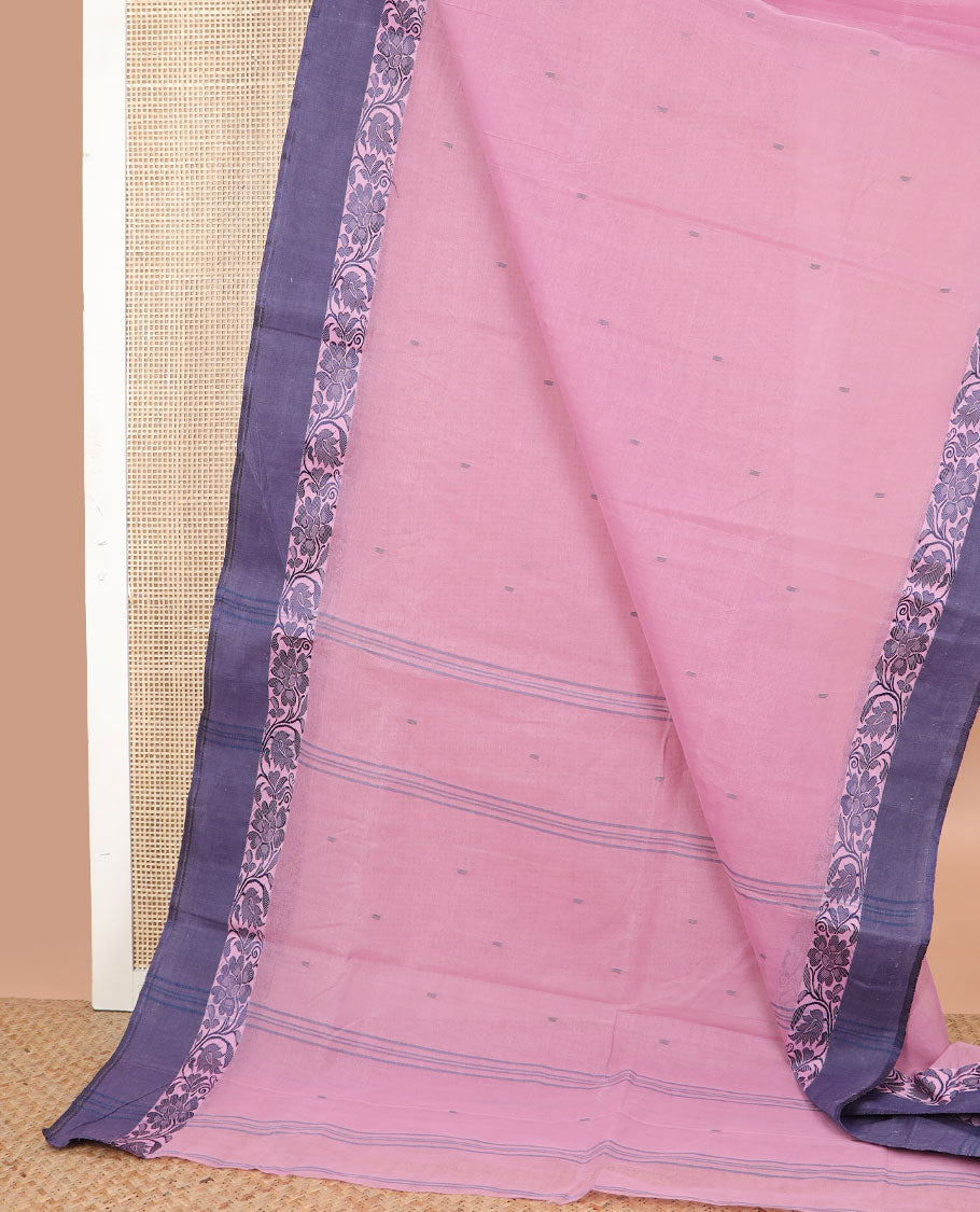 Pink floral motifs bengal cotton saree with contrast floral design border & striped, floral design pallu