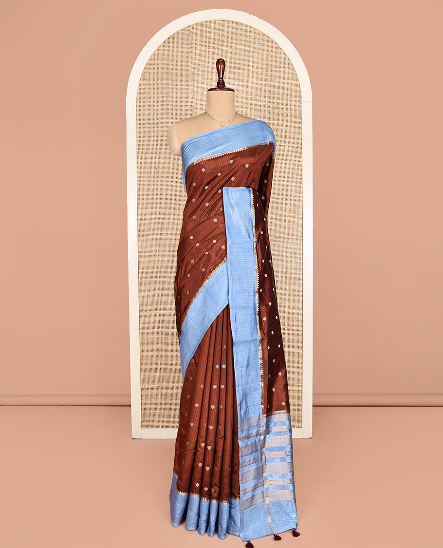 Brown Dupion Silk Saree, Delicately Woven with Buttas and Stripes, Complemented by a Contrast Traditional Zari Border, Zari Striped Pallu, and a Contrast Blouse