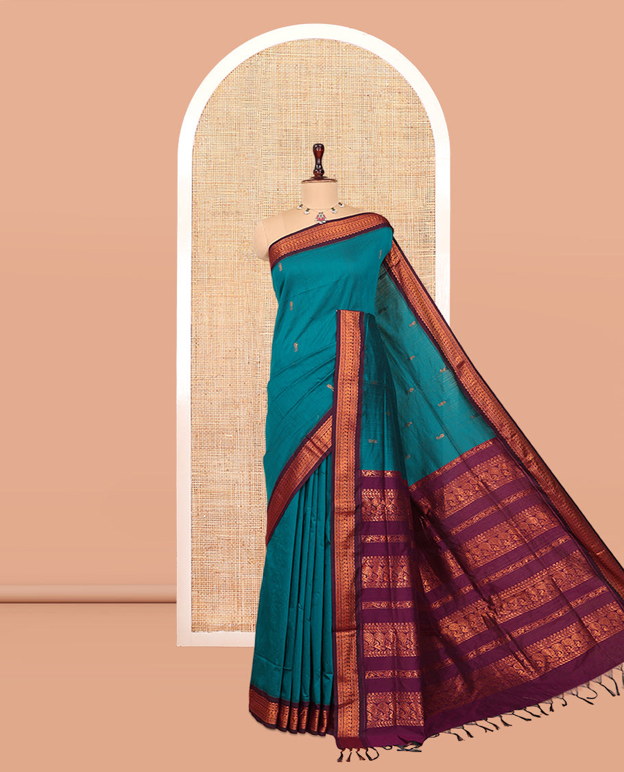Blue Kalyani Cotton Saree, Woven with Zari Buttas, Complemented by a Contrast Traditional Border, Traditional Pallu, and a Contrast Blouse