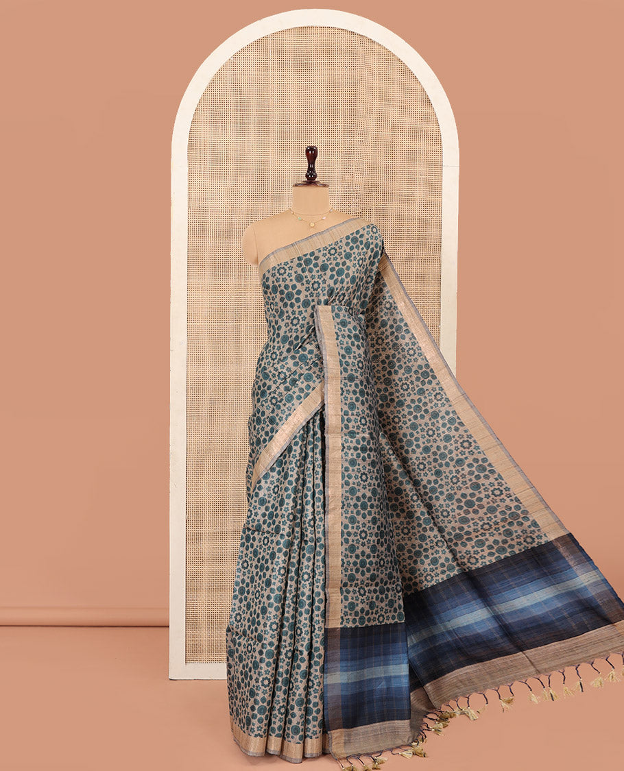 Blue Tussar Silk Saree, Adorned with Floral-Geometric Motifs Printed All Over Its Body, Featuring a Self-Border, Ombre-Style Blue-Shaded Pallu, and Paired with a Contrast Blouse