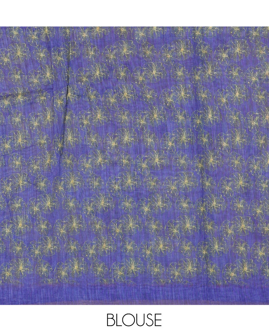 Yellow Abstract Printed Linen Cotton Saree, Complemented by a Contrast Border, Floral Printed Pallu, and a Contrast Blouse