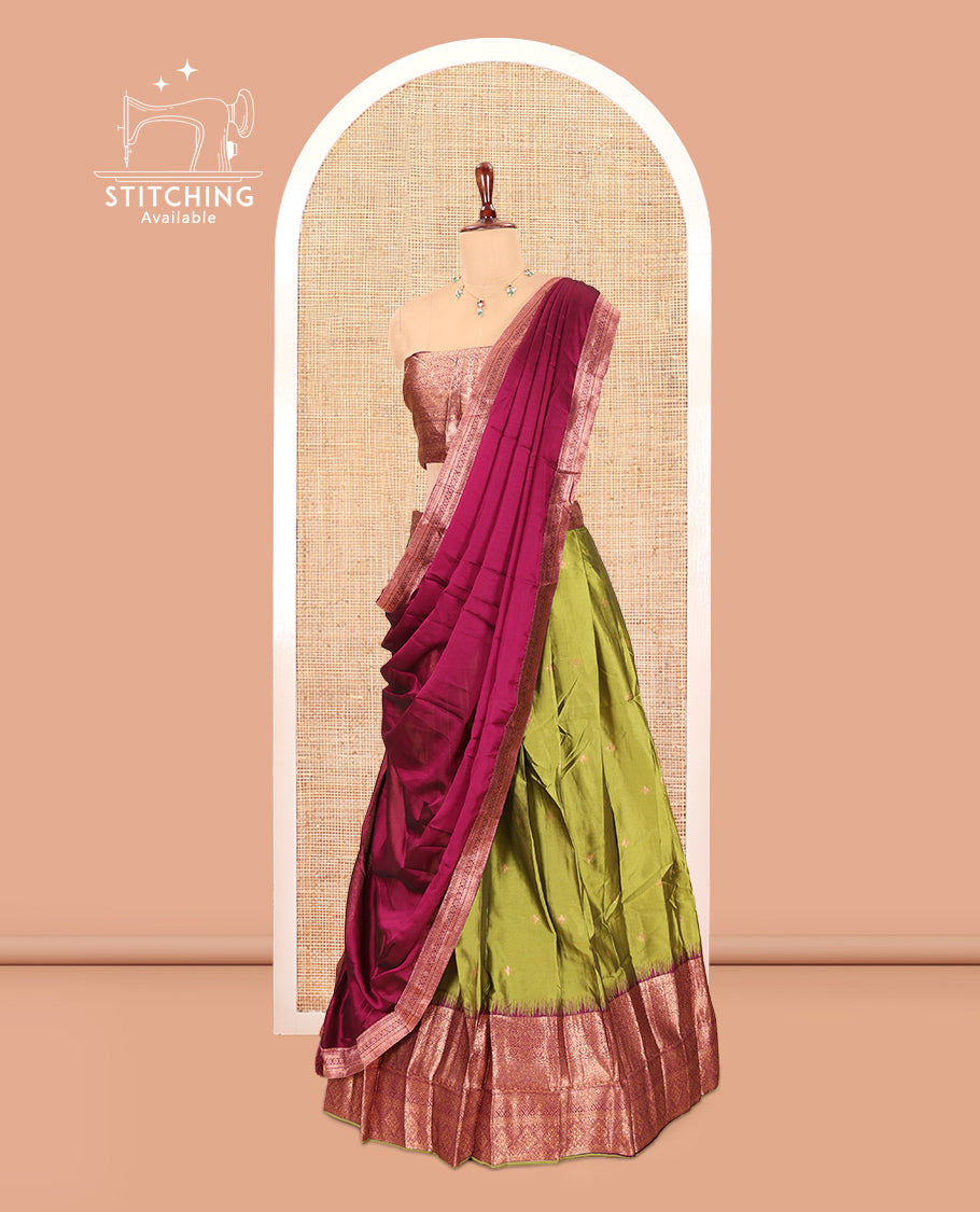 Parrot Green-Purple Semi-Silk Half-Saree, Zari Buttas Skirt, Contrast Traditional Zari Border, a Matching Blouse, a Contrast Blouse