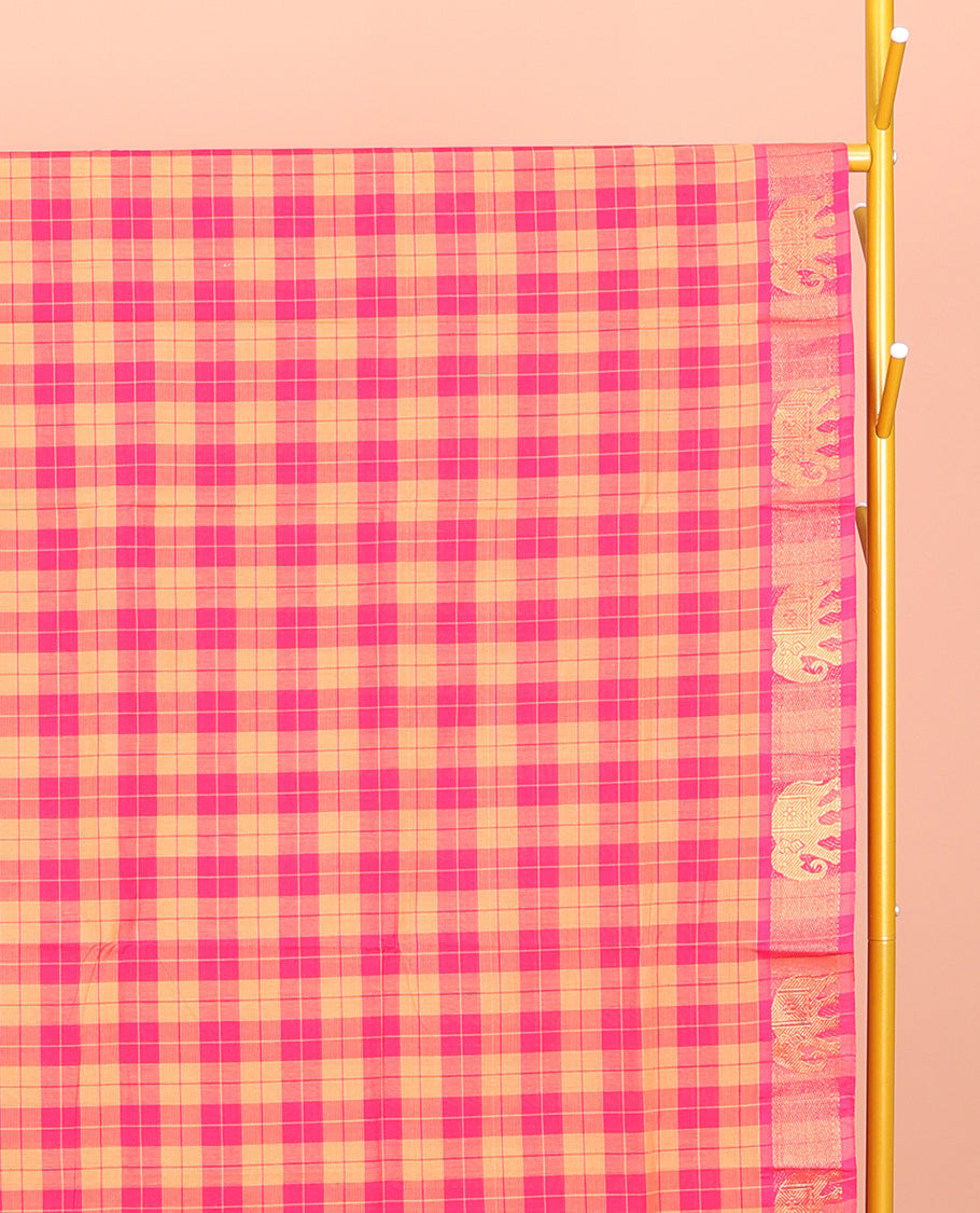 Yellow-Pink Chettinad Cotton Saree, Delicately Woven with Checks, Highlighted by Elephant Motifs Zari Border, Pallu of Stripes, and No Blouse