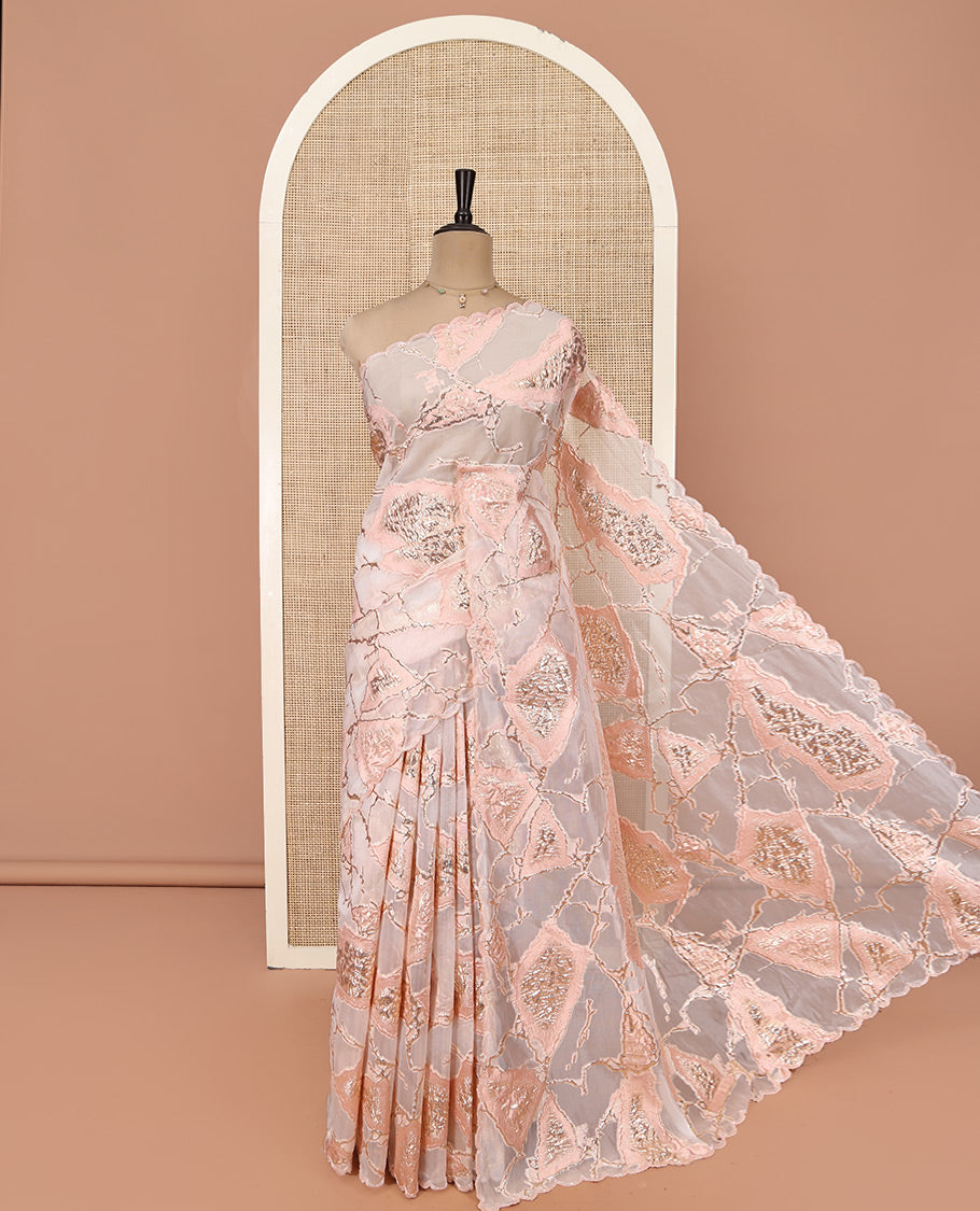 Peach Turkey Organza Saree Features Geometric Glitterwork, Scallop Beadwork Border, Embroidered Blouse