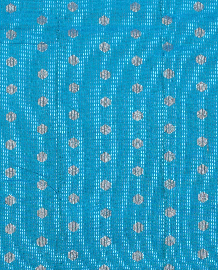 Blue Art Silk Pavadai Material Set, Subtly Enriched with Dotted Stripes and Buttas on Its Skirt, Complemented by a Contrast Traditional Zari Design Border, and Paired with a Contrast Blouse