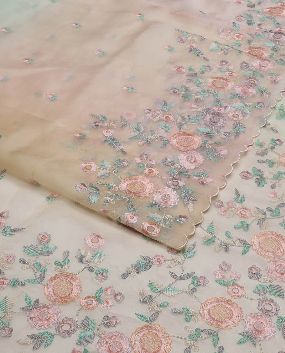 Multi volor motifs organza saree with self floral embroidery, scallop border