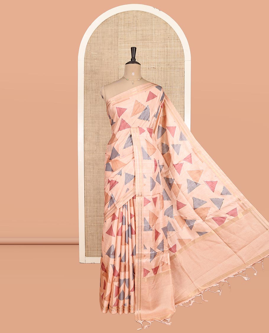 Peach Fancy Tussar Silk Saree Features Triangle Motifs, Zari Border, Striped Pallu, Matching Blouse