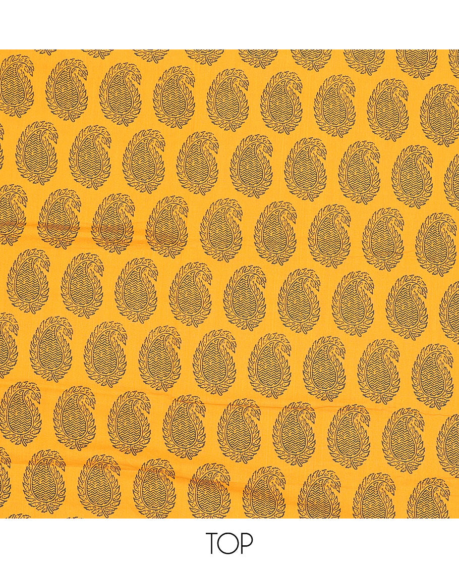 Yellow chudidhar material set paisley motifs top with leaf vine bottom & leaf vine , floral design pallu