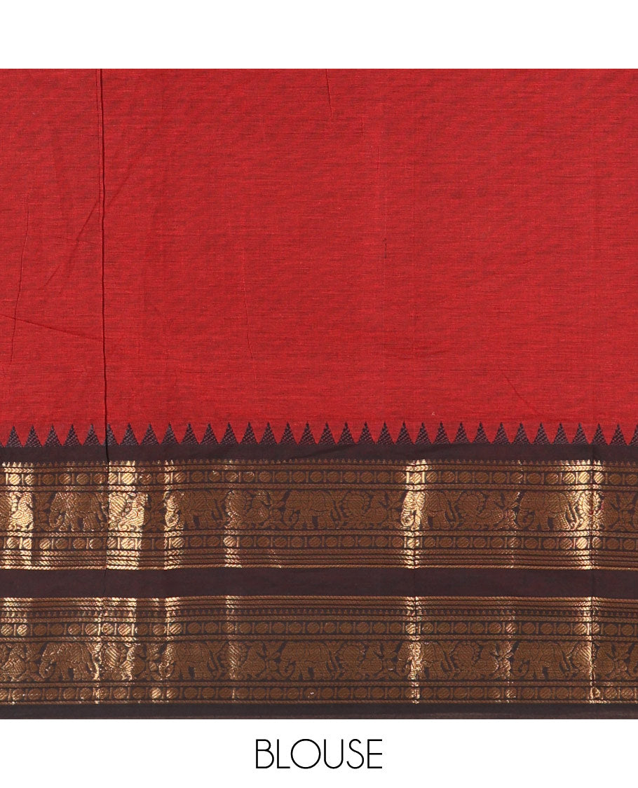 Maroon Plain Chettinad Cotton Saree Adorned with a Contrasting Temple Rettai Pettu Border of Peacock-Elephant Motifs, a Subtle Pallu of Stripes, and a Matching Blouse