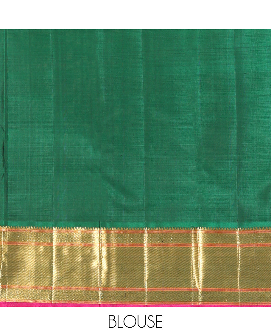 Orange Checked Kanchipuram Silk Saree, Complemented by a Contrast Korvai Border of Rekku, Muthu, Mayil Kann, and Zari Stripes, Grand Jaal Pallu, and a Contrast Blouse
