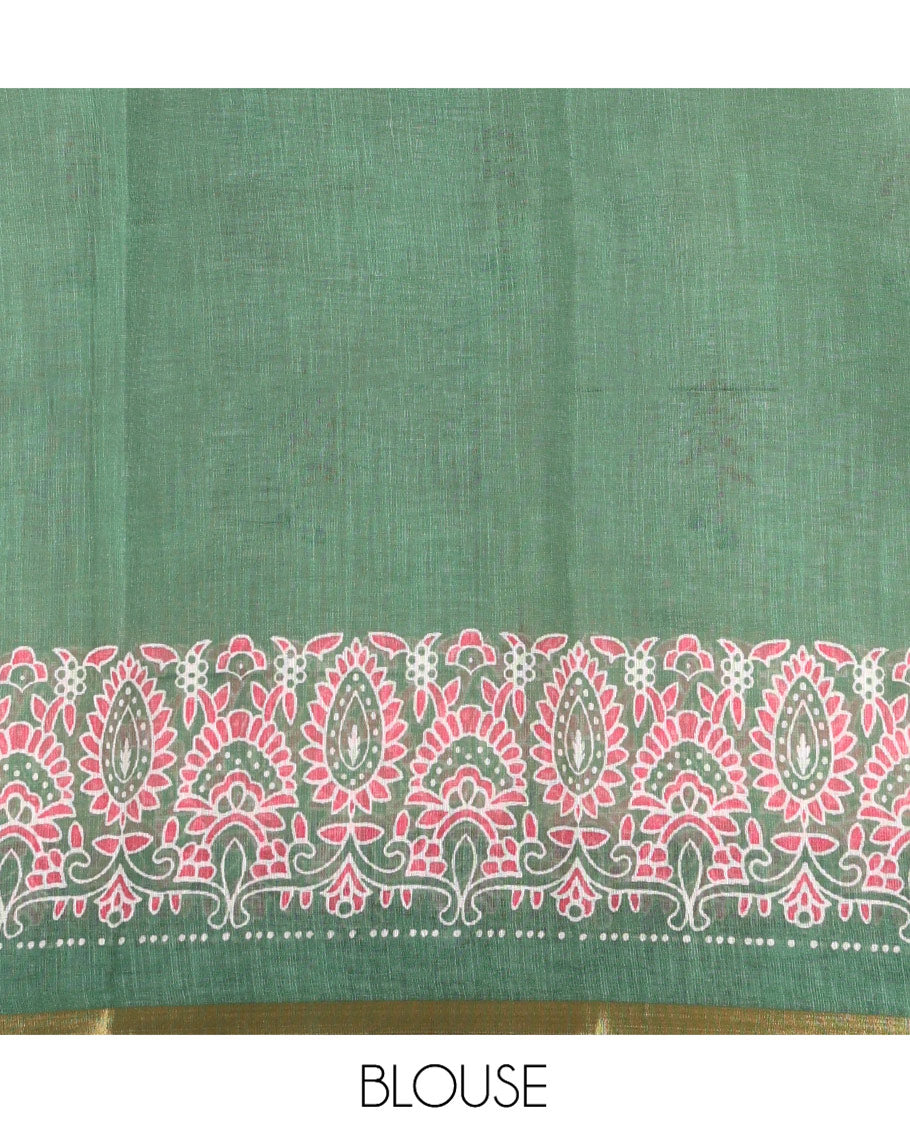 Cream-Green Linen Cotton Saree Features Floral Buttas, Contrast Printed Border, Intricate Pallu, and a Contrast Blouse