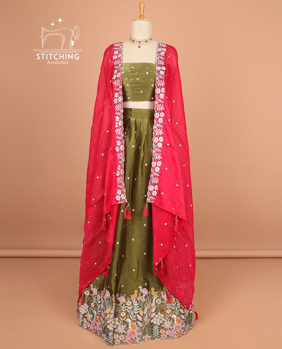 Green floral motifs thread embroidery half saree with self floral embroidery border , floral motifs blouse & floral embroidery scallop border dhavani