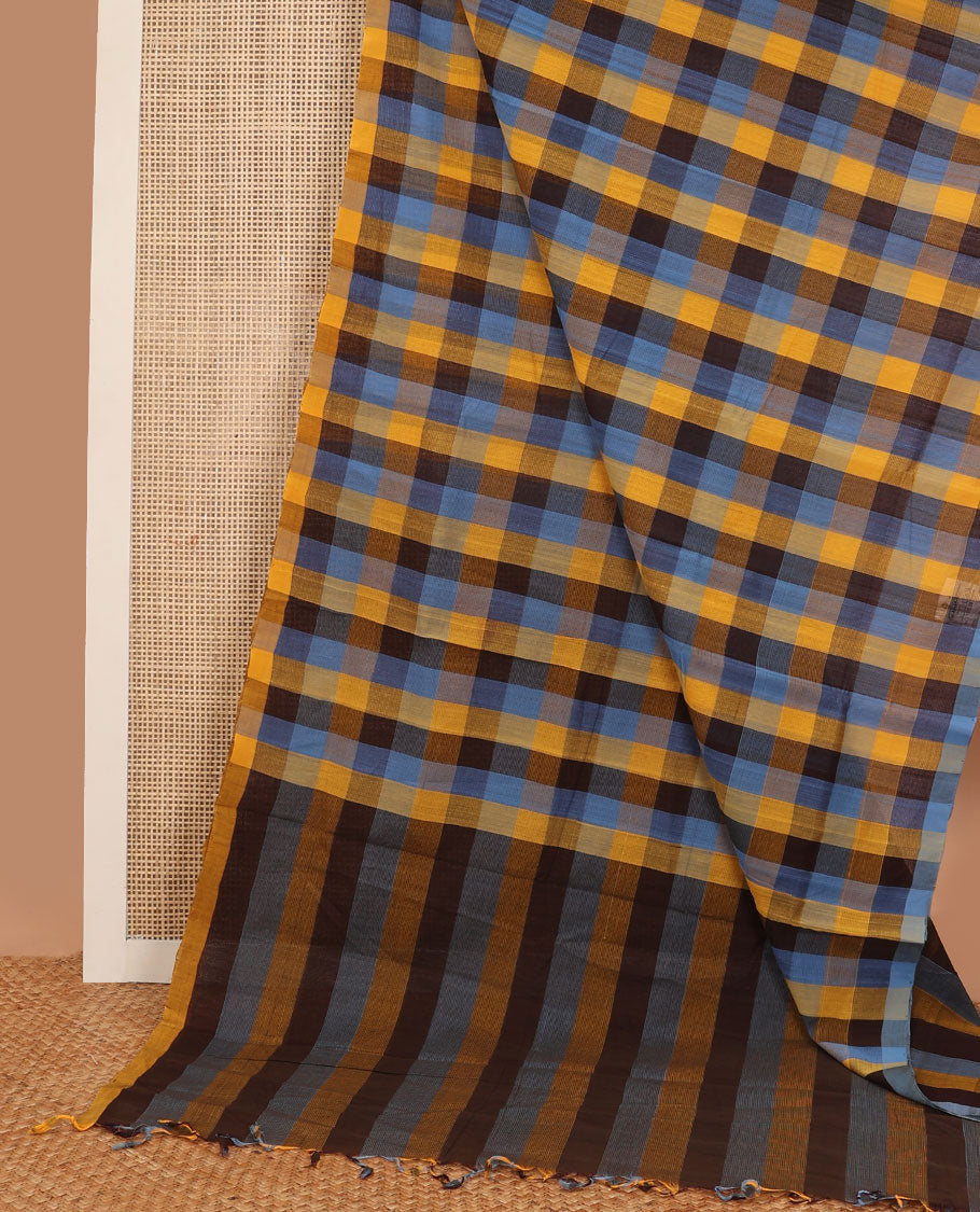 Borderless Multi-color checked mangalgiri cotton saree with striped pallu