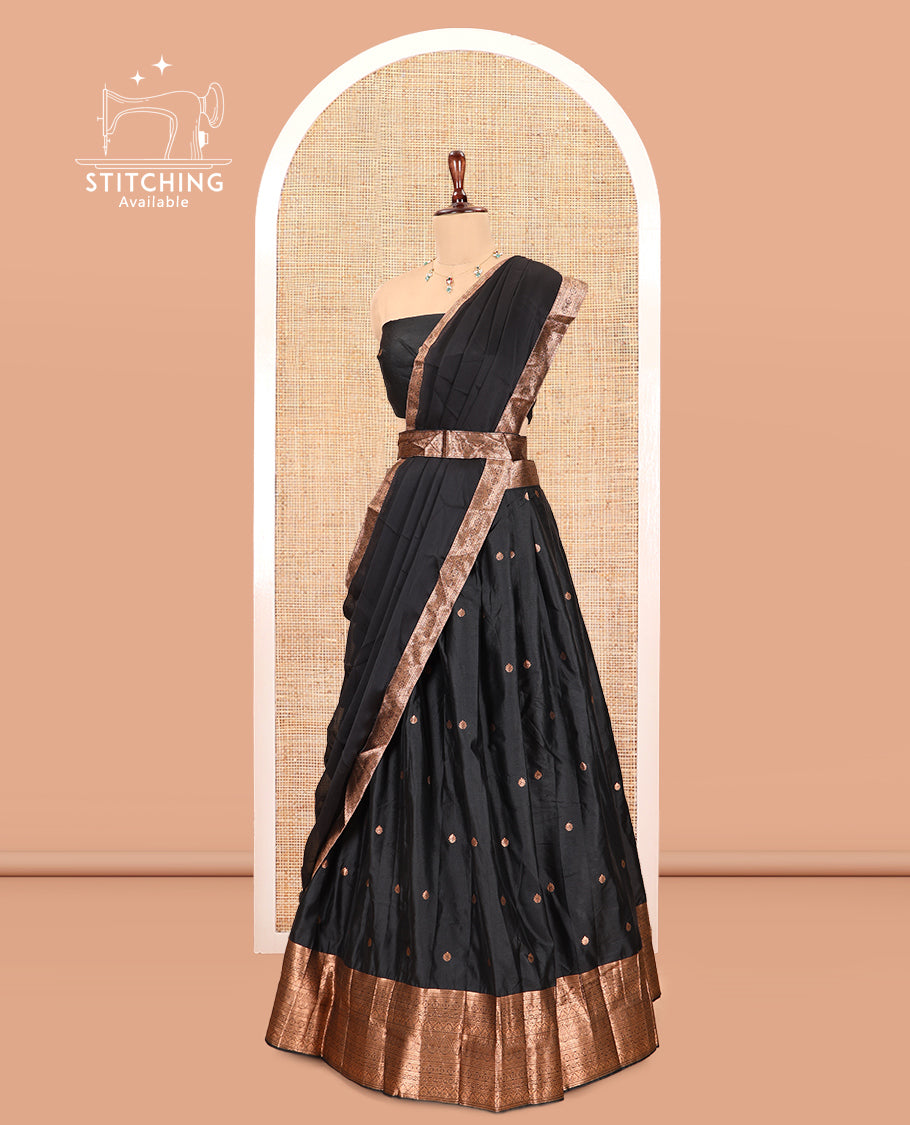 Black Semi-Silk Half-Saree, Enriched with Zari Buttas Skirt, a Matching Blouse, and a Zari Design Dhavani