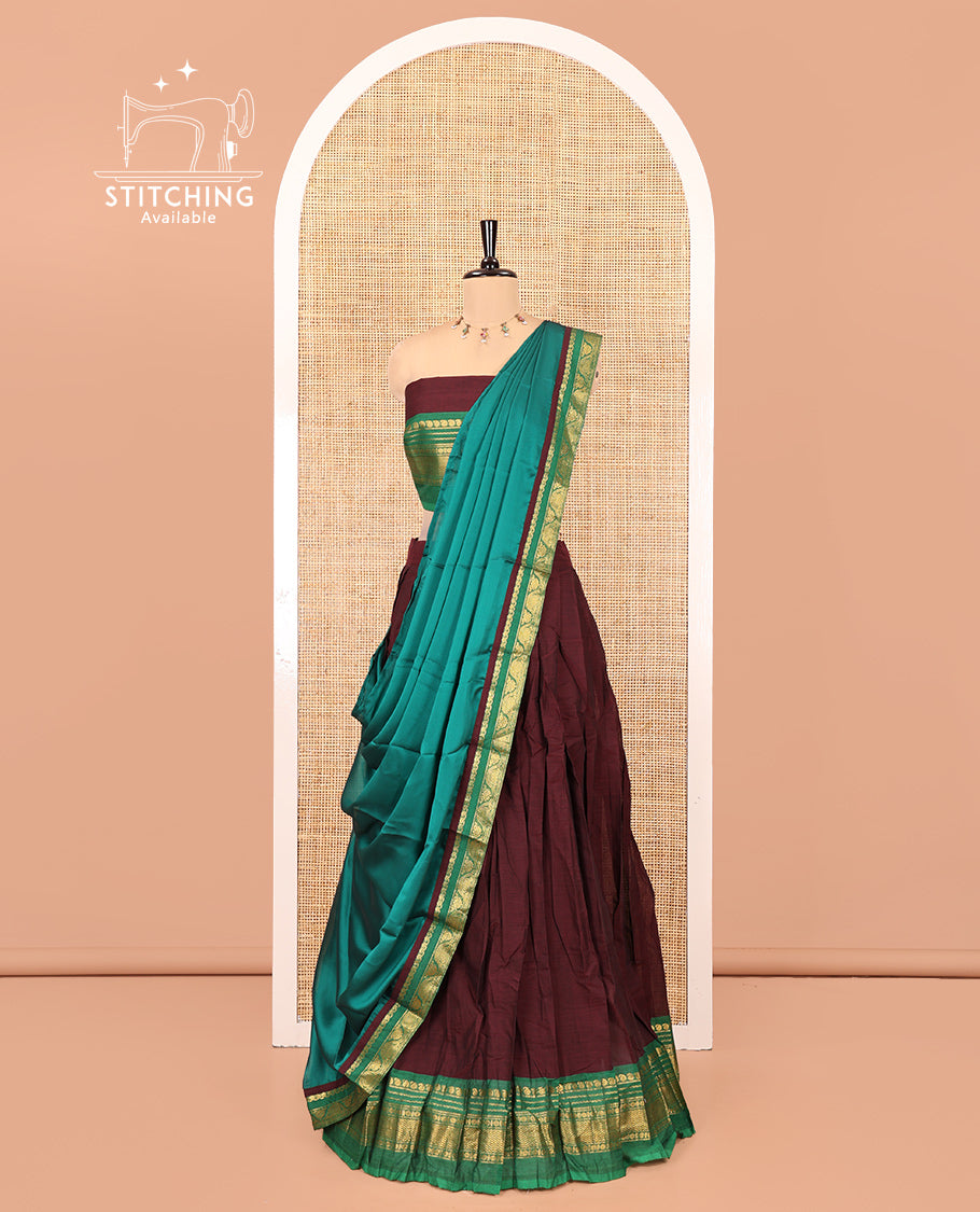 Dark Maroon-Green Chettinad Cotton Half-Saree Set Featuring a Plain Skirt, Contrast Traditional Border, Matching Blouse, and Contrast Syska Georgette Dhavani