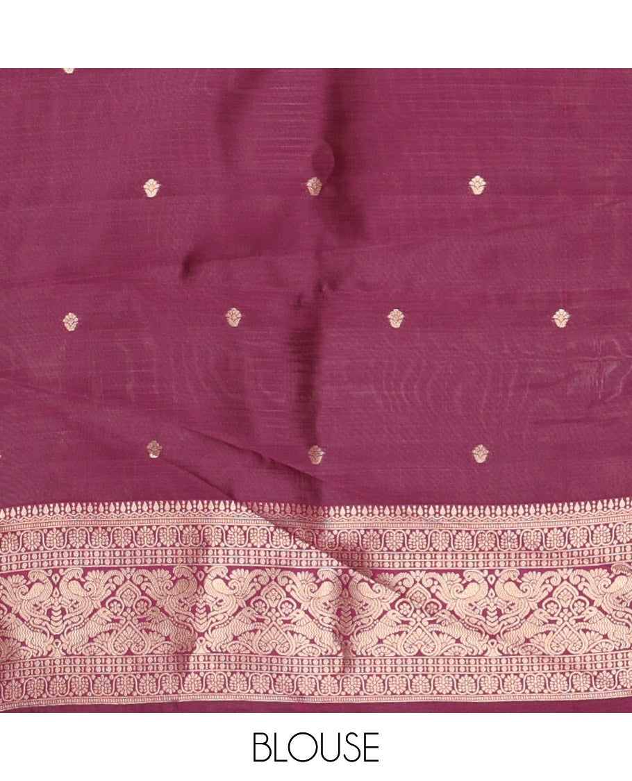 Rani Pink Litchi Saree Features Buttas and Checks, Contrast Traditional Peacock Border, Intricate Pallu, and a Contrast Blouse