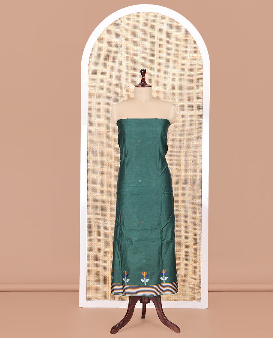 Green Mul Chanderi Material Churidar Features Jamdani-Style Meena Buttas Top, a Plain Bottom, and a Jamdani-Style Dupatta