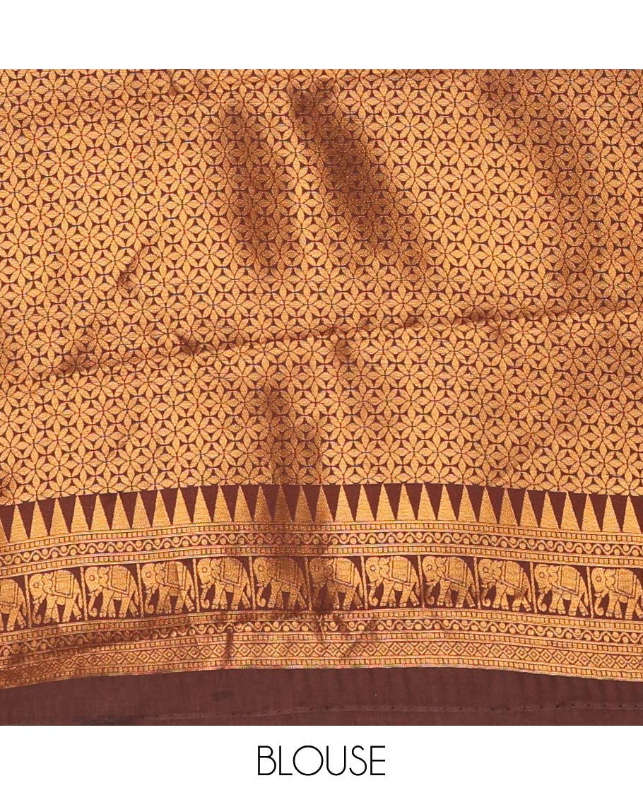 Rust orange-brown zari checked kanchi silk saree, contrast elephant motifs zari border, traditional zari design pallu, and a jacquard blouse