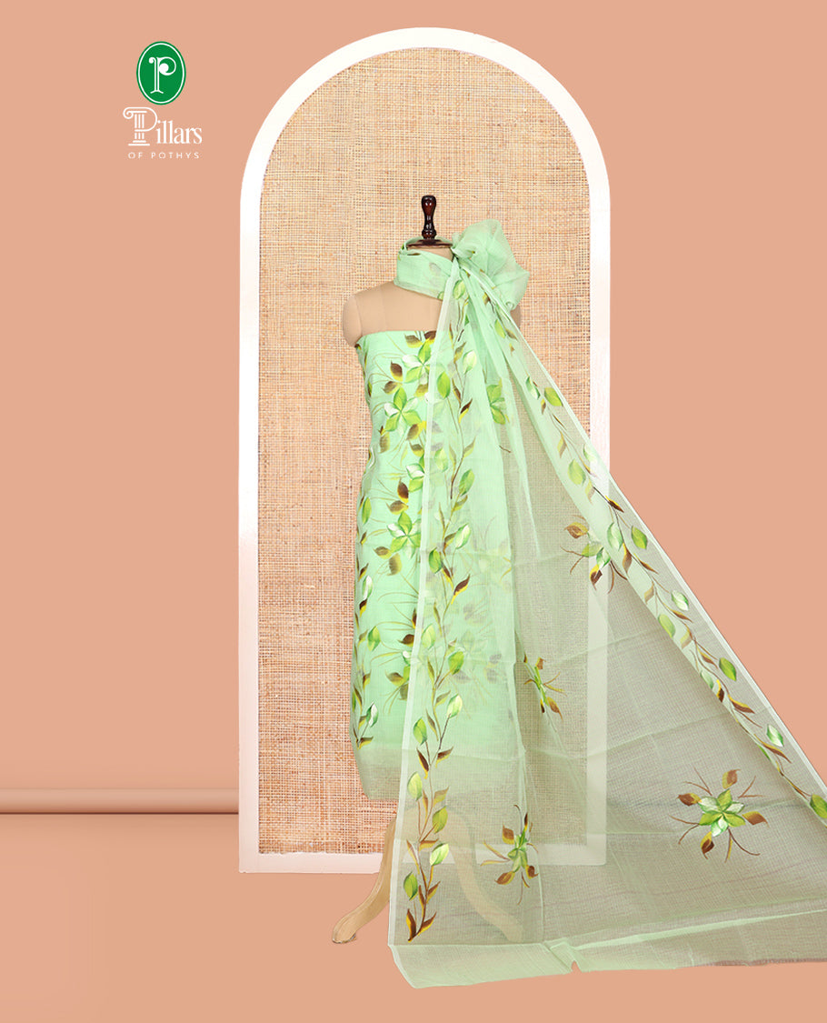 Pista Green Net Kota Material Churidar, Adorned with Hand-Brush Painting Floral Printed Top, a Plain Bottom, and Hand-Brush Floral Printed Dupatta