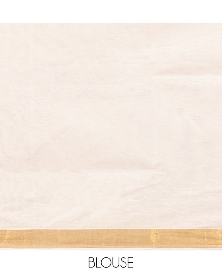 Cream Kerala Cotton Saree, Enlivened with Zari Stripes All Over Its Body, a Subtle Bavanji Border, Pallu Depicts Peacock Designs, and Paired with a Matching Blouse
