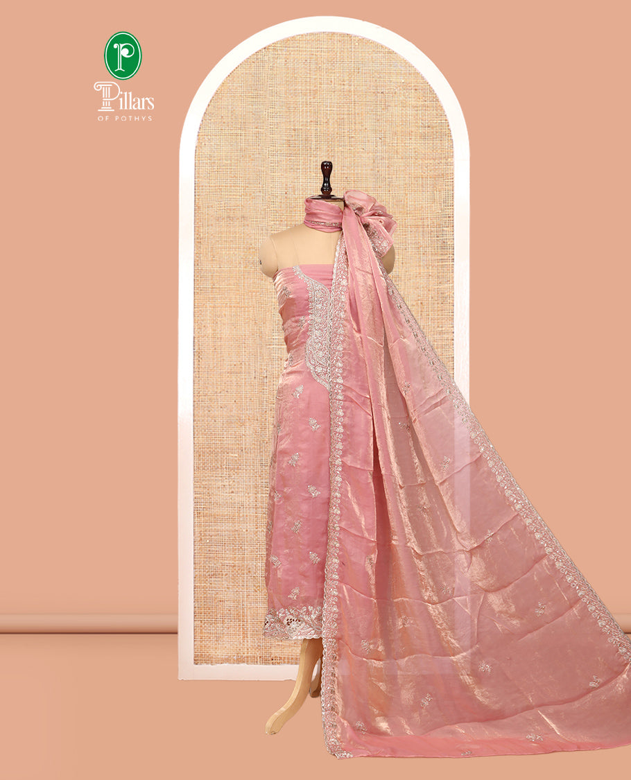 Onion Pink Fendy Organza Material Chudidar Set, Adorned with Neck Embroidered Top, a Santoon Bottom, and a Embroidered Dupatta
