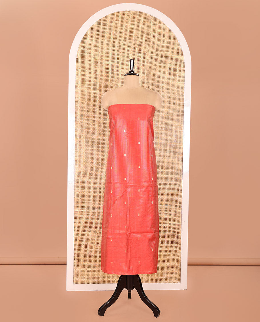 Orange Material Chudidhar Set, Delicately Woven with Dotted Stripes and Buttas on Its Semi-Silk Top, Plain Cotton Bottom, and Semi-Silk Dupatta Illustrating Pichwai Cow and Floral Print