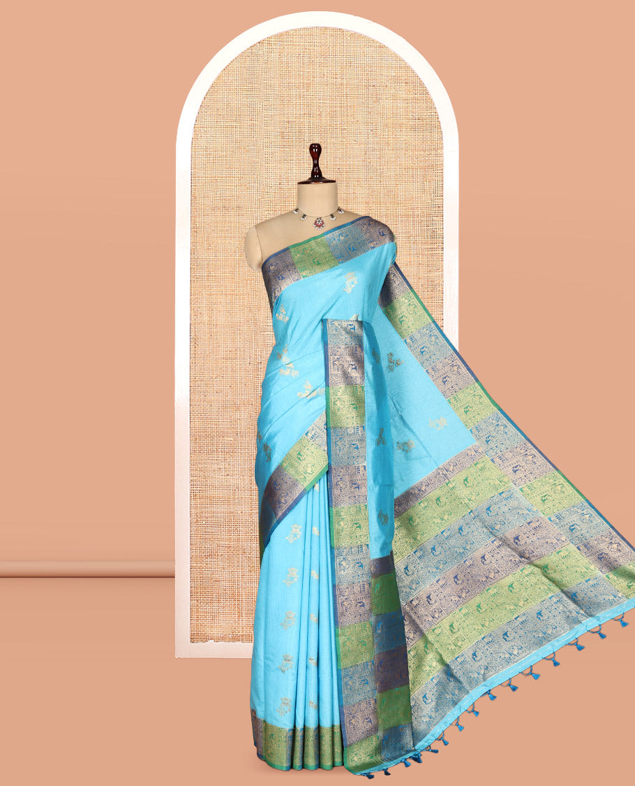 Sky Blue Zari Motifs Fancy Raw Silksaree, Contrast Intricate Zari Border, Matching Blouse