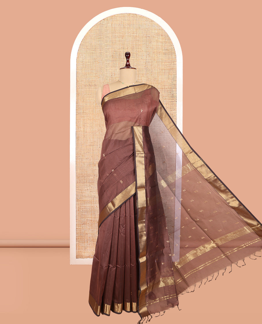 Brown Maheshwari Cotton Saree, Enriched with Zari Buttas, a Traditional Zari Border, Zari Woven Pallu, and a Matching Blouse