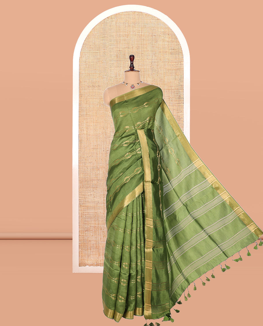 Green Banana Pith Saree, Embellished with Zari Designs, a Zari Border, Striped Pallu, and Matching Blouse