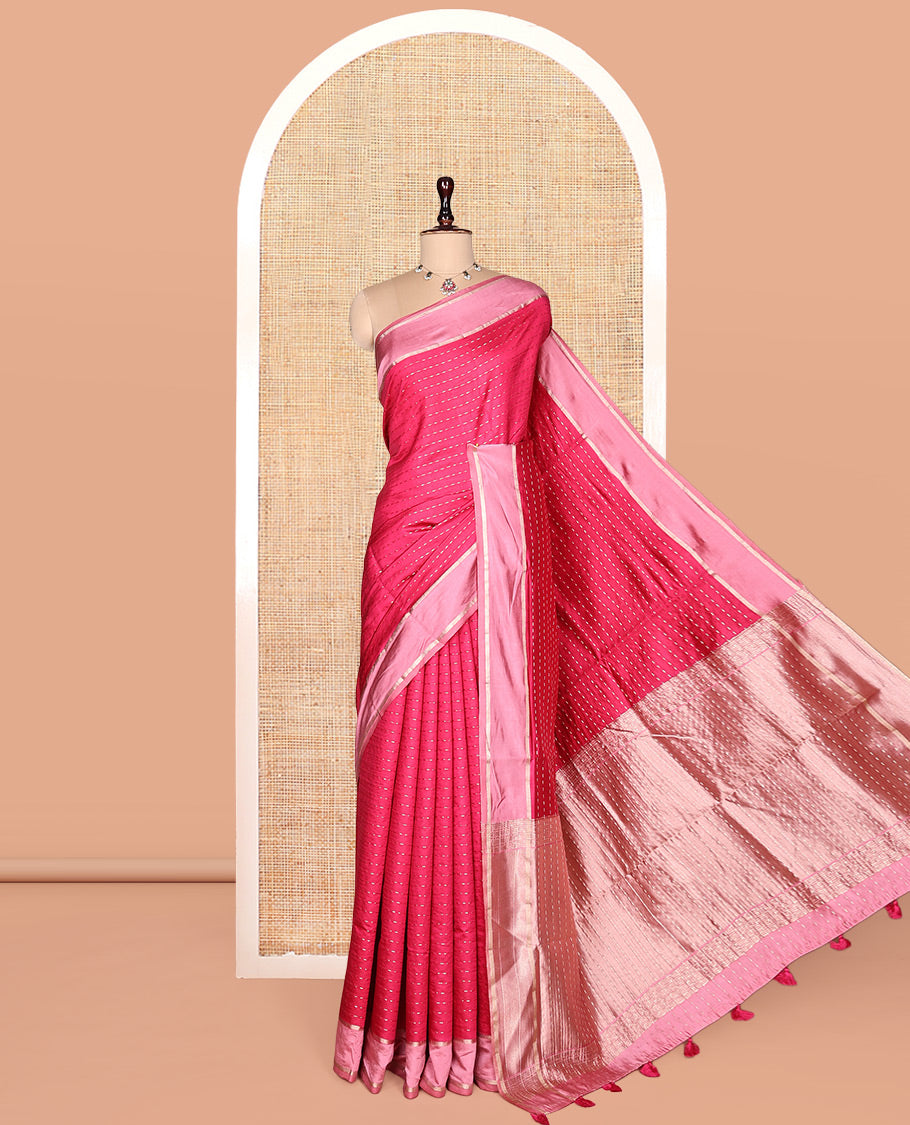 Pink Satin Silk Saree, Steeped in the Richness of Dotted-Stripes, Complemented by a Contrast Border, Grand Pallu, and a Contrast Blouse