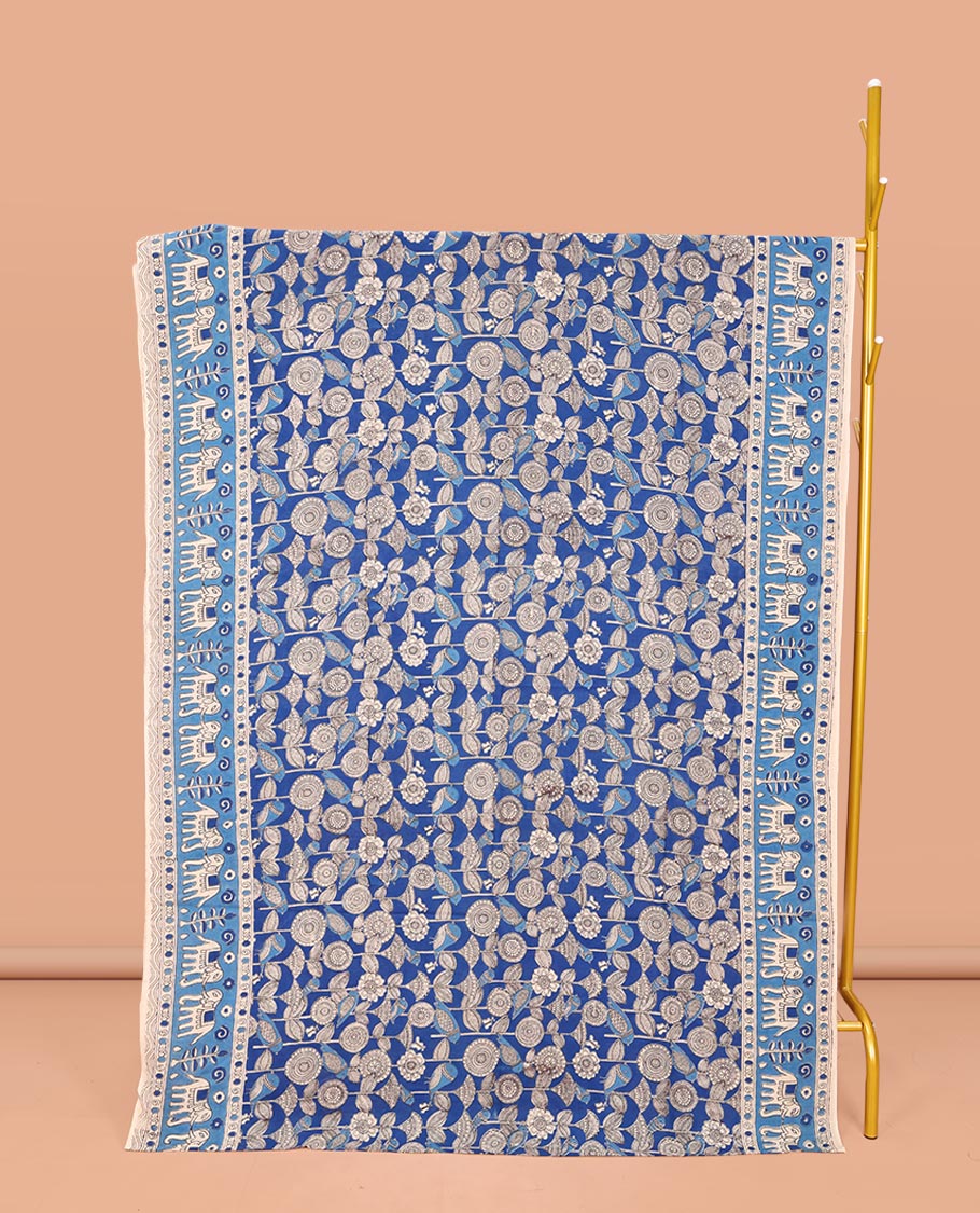 Blue Machine-Printed Kalamkari Cotton Saree, Bedecked with Floral Designs on Its Body, Complemented by a Contrast Elephant Printed Border, Pallu of Floral-Geometric Print, and Paired with a Printed Blouse