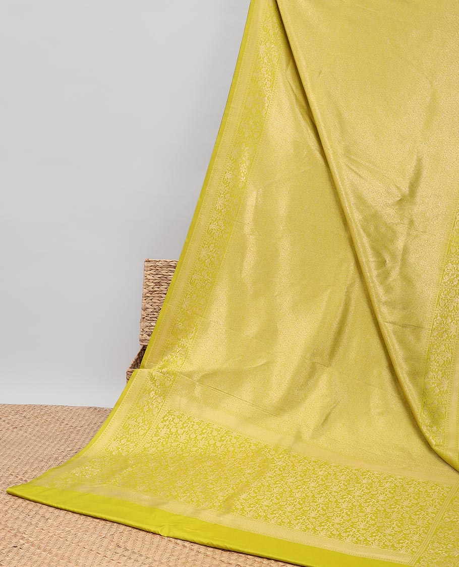 Yellow floral jacquard softy saree with self floral zari design border & intricate zari design pallu