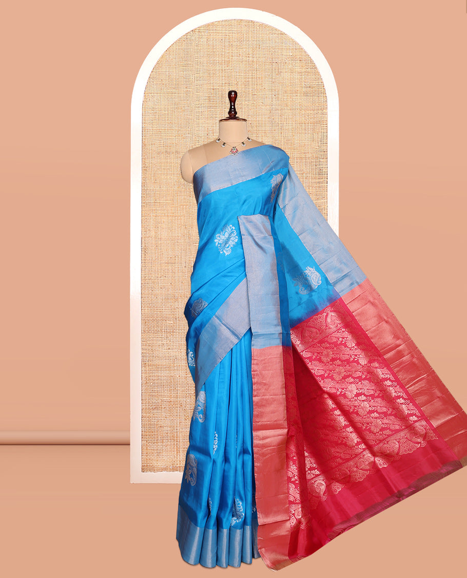 Blue Semi Uppada Saree, Adorned with Zari Buttas, a Bavanji Border, Contrast Floral Pallu, and a Contrast Blouse