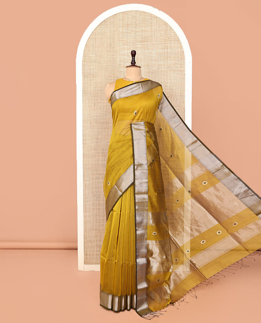 Mustrad Maheshwari Cotton Saree, Bedecked with Meena Buttas All Over Its Body, Highlighted by a Traditional Zari Woven Border, Pallu Steeped with Gleaming Zari Stripes and Buttas, and Paired with a Matching Blouse