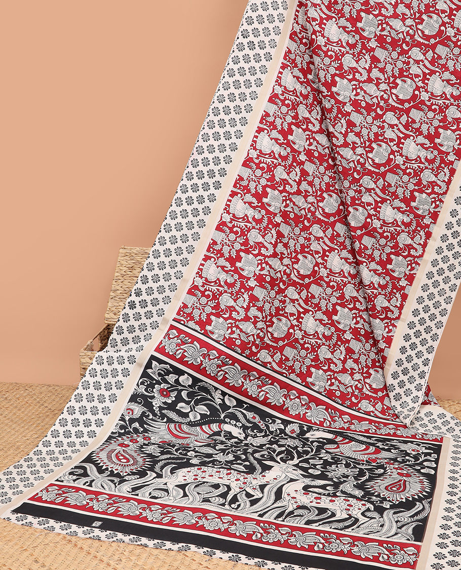 Maroon kalamkari printed design dola soft silk saree with contrast printed design border & kalamkari design pallu along with all over block printed blouse