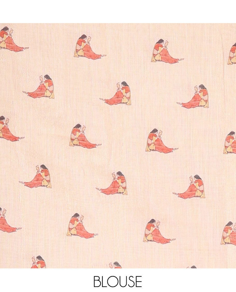 Gold Tissue Saree, Creatively Designed with Female Motifs Painting and Mirror work, a Scallop Border, and a Printed Blouse