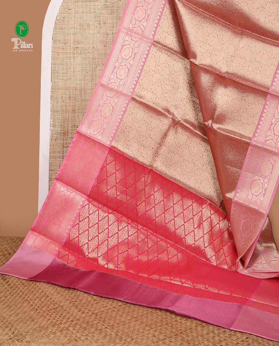 Gold pink jaal design tissue celebrity saree with zari border & brocade rich pallu along with brocade blouse