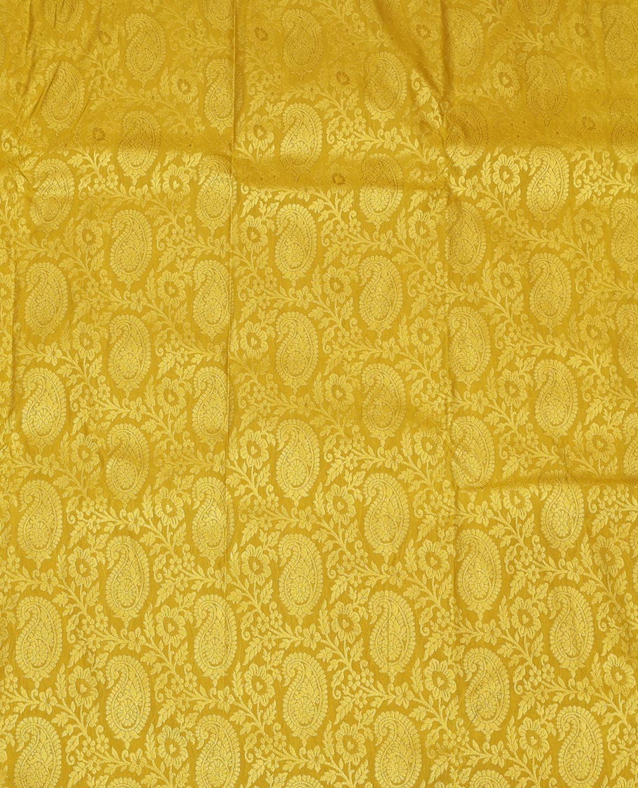 Yellow Jacquard Art Silk Pavadai Material, Ornamented with Contrast Traditional Border, Contrast Blouse