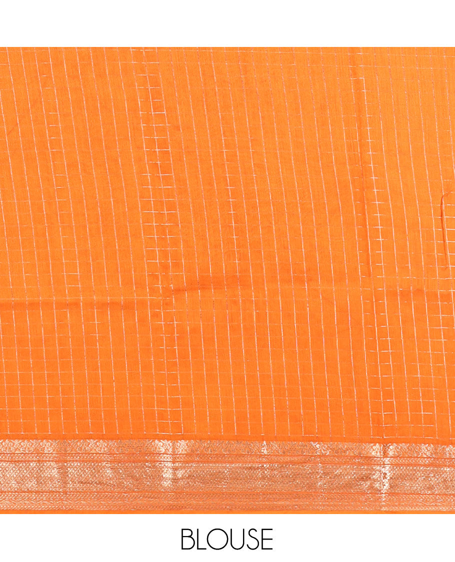 Orange Zari Checked Assam Silk Saree, Highlighted by a Traditional Zari Border, Gleaming Zari-Striped Pallu, and a Matching Blouse