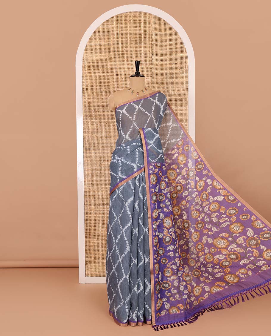 Grey argyle shibori printed linen cotton saree, contrast border, kalamkari floral vine printed pallu, and a contrast kalamkari printed blouse