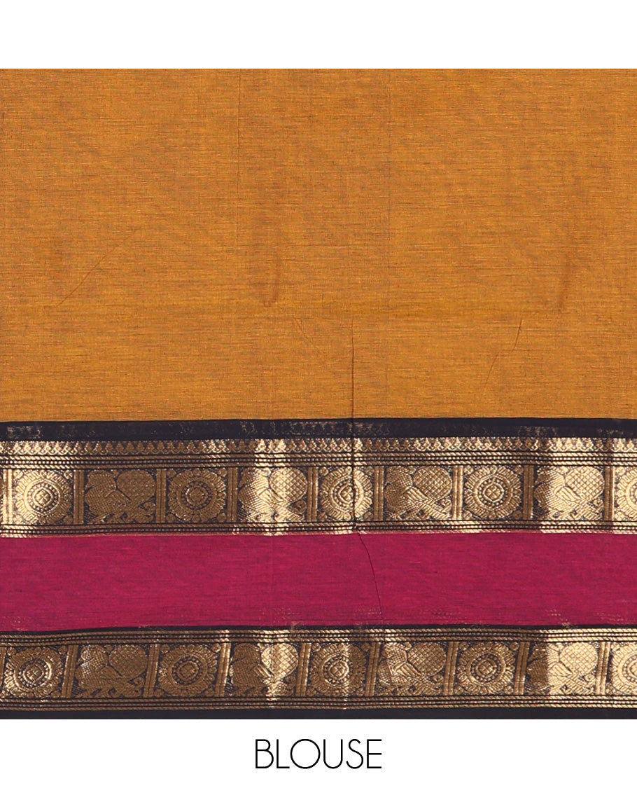 Mustard Chettinad Cotton Saree, Sparsely Woven with Buttas on Its Body, Complemented by a Contrast Rettai Pettu Border of Thilakam, and Peacock-Chakram Designs, Pallu of Stripes and Buttas, and Paired with a Matching Blouse