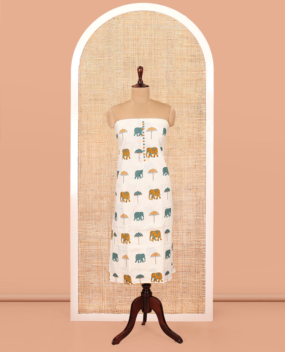 Cream-Mustard Material Chudidar Features an Elephant-Umbrella Printed Top, a Contrast Bottom, Contrast Bordered Dupatta