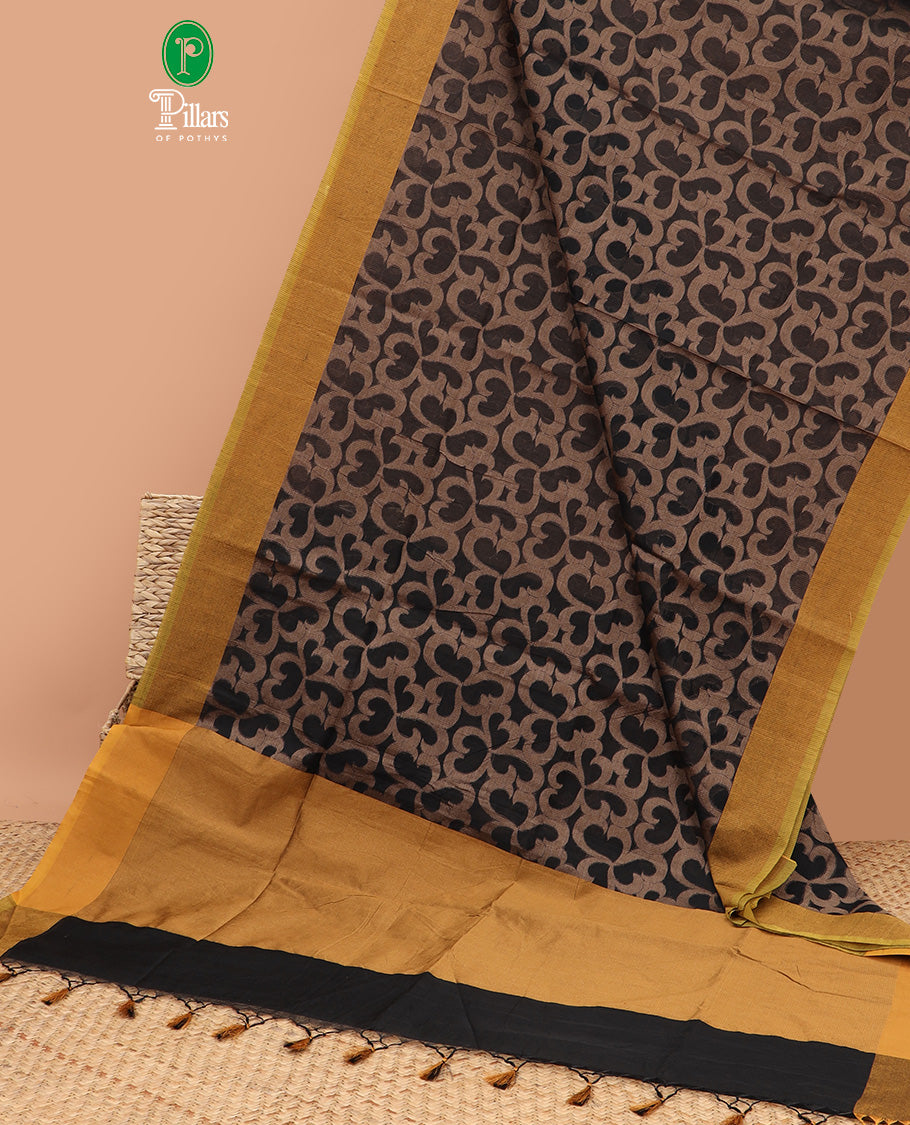 Black with mustard thread weaving banaras kotta weaving saree , contrast metalic gold brown & kottal palian blouse