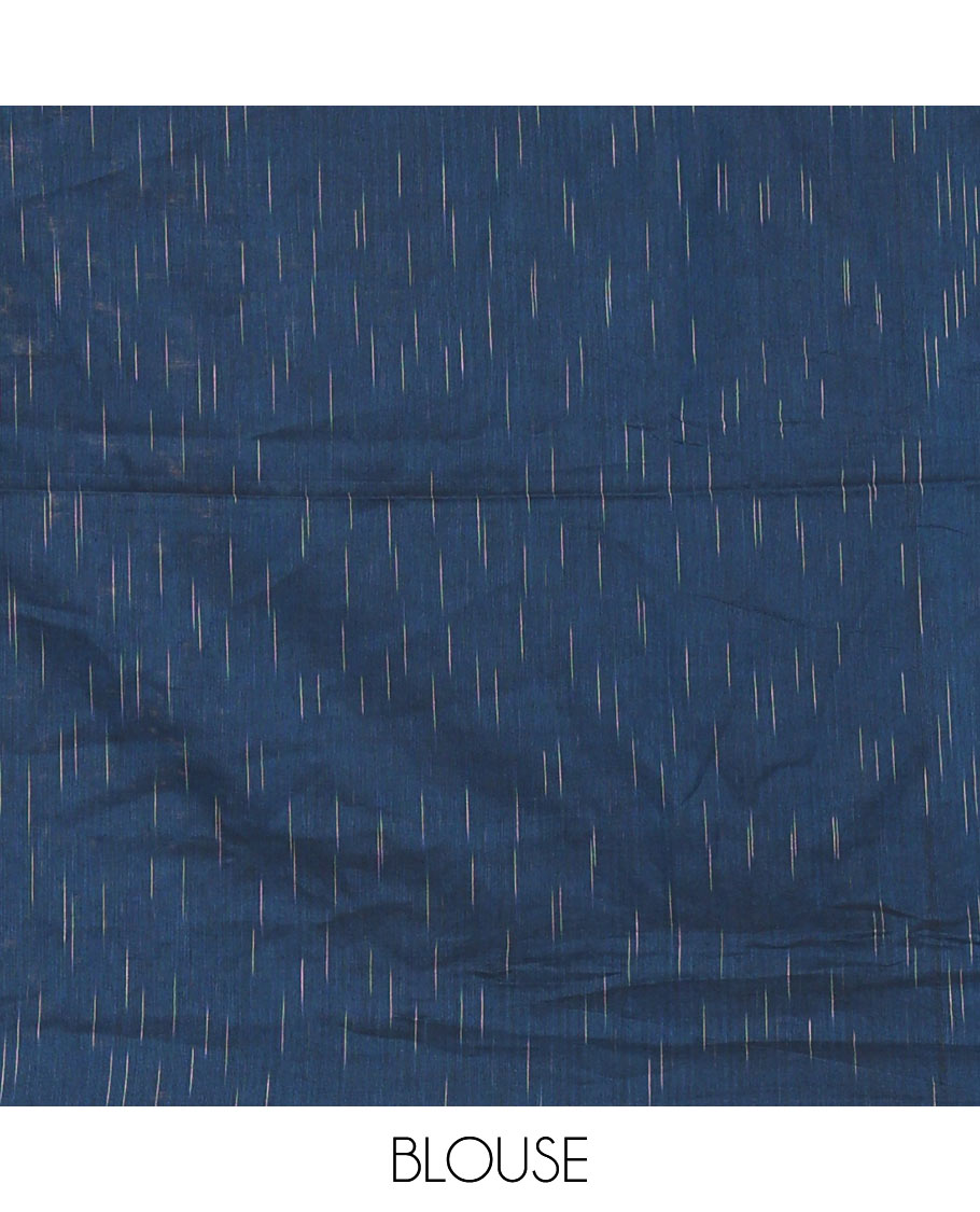 Borderless Blue Khadi Mul Cotton Saree Decked with Jharna-Style Waterdrop Motifs, Featuring a Gleaming Zari-Woven Pallu, Paired with a Matching Blouse Replicating the Body Motifs